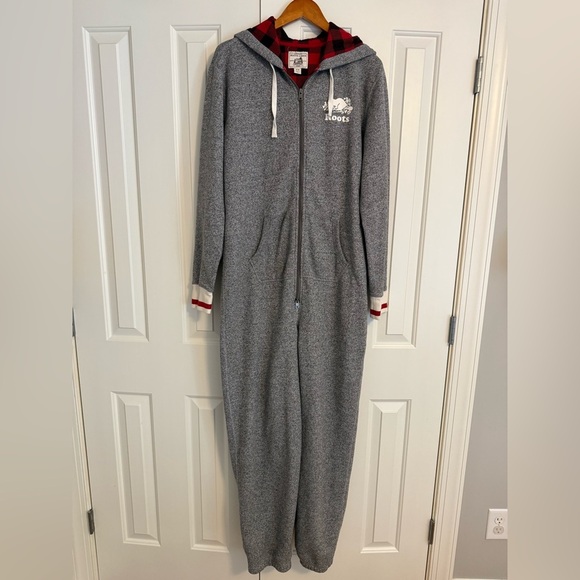 Roots Cabin Mens Grey Buffalo Plaid Zip Up Winter Sweater Fleece Onesie - Picture 3 of 12